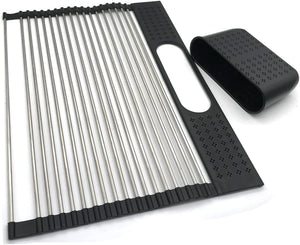 Large Stainless Steel Roll Up Dish Drying Rack with Utensil Holder