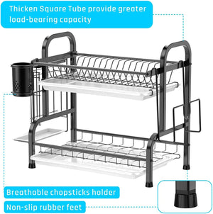 Stainless Steel 2-Tier Dish Drying Rack with Utensil Holder, Cutting Board Holder and Dish Drainer for Kitchen Counter (Black)