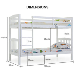 Kingston Slumber Wooden Kids Bunk Bed Frame with Modular Design (White)