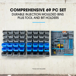69pc Wall Mounted Parts Bin Rack with Tool Holders - Blue
