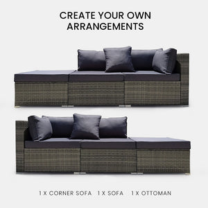 LONDON RATTAN 3 Seater Modular Outdoor Lounge Setting - incl. Ottoman in Grey