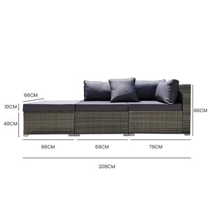 LONDON RATTAN 3 Seater Modular Outdoor Lounge Setting - incl. Ottoman in Grey