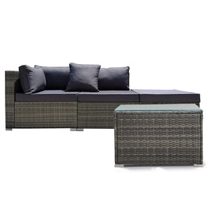 LONDON RATTAN 4 Piece 3 Seater Modular Outdoor Lounge Setting - incl. Coffee Table, Ottoman in Grey