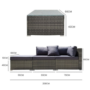 LONDON RATTAN 4 Piece 3 Seater Modular Outdoor Lounge Setting - incl. Coffee Table, Ottoman in Grey