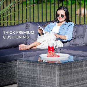 LONDON RATTAN 5 Seater Modular Outdoor Lounge Setting | Grey with Coffee Table and Ottoman