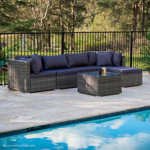 LONDON RATTAN 5 Seater Modular Outdoor Lounge Setting | Grey with Coffee Table and Ottoman