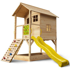 Wooden Tower Cubby House with Slide, Sandpit, Climbing Wall, Noughts & Crosses | Natural Color | ROVO KIDS Brand