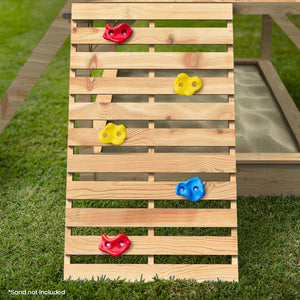 Wooden Tower Cubby House with Slide, Sandpit, Climbing Wall, Noughts & Crosses | Natural Color | ROVO KIDS Brand