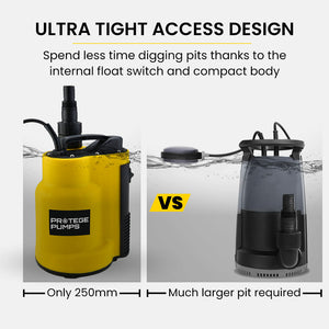 PROTEGE Tight Access Clean/Grey Water Submersible Sump Pump | Integrated Float Switch