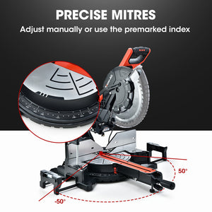 305mm Dual Bevel Sliding Compound Mitre Drop Saw and Adjustable Stand Combo | Brand: BAUMR-AG