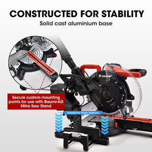 305mm Dual Bevel Sliding Compound Mitre Drop Saw and Adjustable Stand Combo | Brand: BAUMR-AG