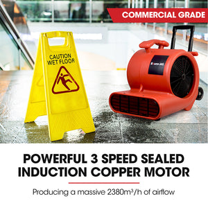 3-Speed Carpet Dryer Air Mover Blower Fan | 1400CFM, Sealed Copper Motor, Poly Housing - Telescopic Handle and Wheels