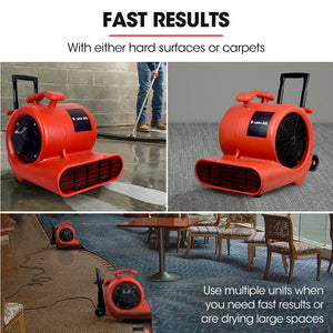 3-Speed Carpet Dryer Air Mover Blower Fan | 1400CFM, Sealed Copper Motor, Poly Housing - Telescopic Handle and Wheels