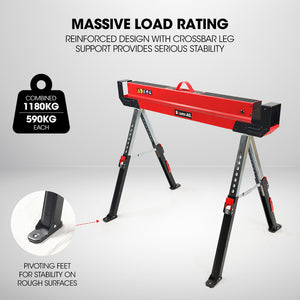 BAUMR-AG 2 x Steel Saw Horse | Folding Height Adjustable Sawhorse | 1180kg Capacity | 2x4 Support Arms
