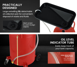 80L Mobile Waste Oil Drainer with Telescopic Design and Air Compressor Fitting for Workshop