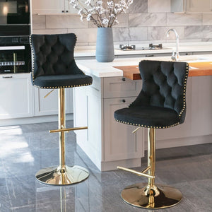 2x Height Adjustable Swivel Bar Stool Velvet Studs Barstool with Footrest and Golden Base- Black
