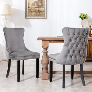 Set of 2 Velvet Upholstered Dining Chairs | Tufted Wingback Side Chair with Studs Trim | Solid Wood Legs for Kitchen