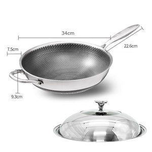 34cm Stainless Steel Non-Stick Stir Fry Cooking Kitchen Honeycomb Wok Pan with Lid - The Hippie House