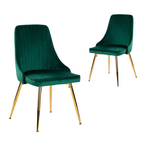 Set of 2 Green Velvet Dining Chairs Art Deco Design with Gold Metal Legs by Viva Forever