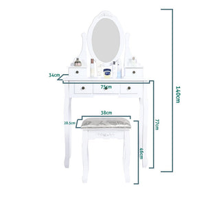 Carved Dressing Vanity Table Set with Mirror & Stool- White