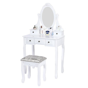 Carved Dressing Vanity Table Set with Mirror & Stool- White