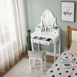 Carved Dressing Vanity Table Set with Mirror & Stool- White