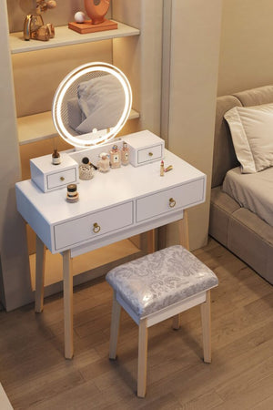 Dressing Vanity Table Stool Set | LED Lighted Mirror, Elegant White