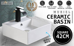 Muriel 42 x 42 x 15cm White Ceramic Bathroom Basin Vanity Sink Square Above Counter Top Mount Bowl