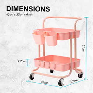Kandoka 2 Tier Pink Trolley Cart Storage Utility Rack Organiser Swivel Kitchen - The Hippie House