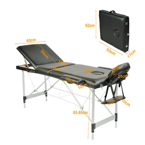 Portable Aluminium Massage Table with 3 Folds | Beauty Therapy Bed | Black