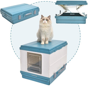 XL Portable Cat Toilet Litter Box Tray Foldable House | with Handle and Scoop, Blue