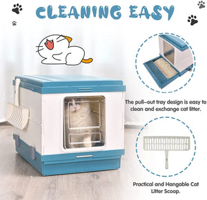 XL Portable Cat Toilet Litter Box Tray Foldable House | with Handle and Scoop, Blue
