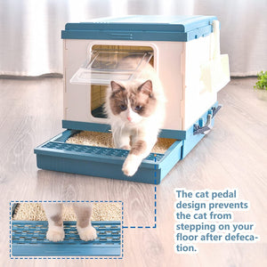 XL Portable Cat Toilet Litter Box Tray Foldable House | with Handle and Scoop, Blue