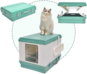 XL Portable Cat Toilet Litter Box Tray Foldable House | with Handle and Scoop, Green