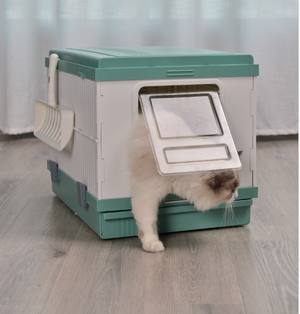 XL Portable Cat Toilet Litter Box Tray Foldable House | with Handle and Scoop, Green
