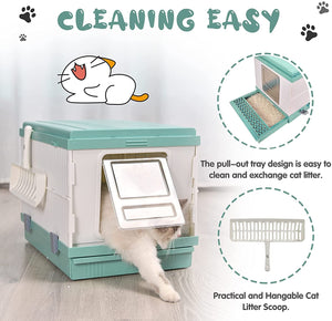 XL Portable Cat Toilet Litter Box Tray Foldable House | with Handle and Scoop, Green