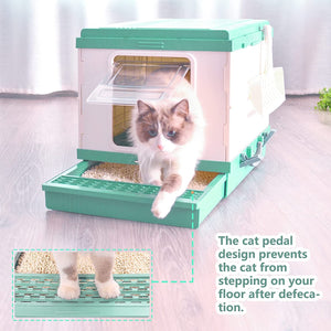 XL Portable Cat Toilet Litter Box Tray Foldable House | with Handle and Scoop, Green