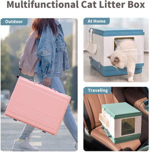 XL Portable Cat Toilet Litter Box Tray Foldable House | with Handle and Scoop, Green