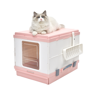 XL Portable Cat Toilet Litter Box Tray Foldable House | with Handle and Scoop, Pink