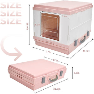 XL Portable Cat Toilet Litter Box Tray Foldable House | with Handle and Scoop, Pink