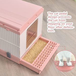 XL Portable Cat Toilet Litter Box Tray Foldable House | with Handle and Scoop, Pink