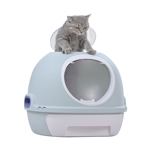 Hooded Cat Toilet Litter Box Tray House | With Drawer & Scoop, Blue