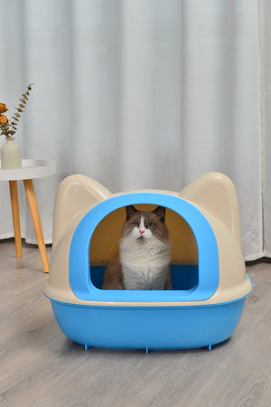 Large Hooded Cat Toilet Litter Box Tray House | With Scoop, Blue