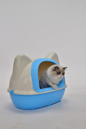Large Hooded Cat Toilet Litter Box Tray House | With Scoop, Blue