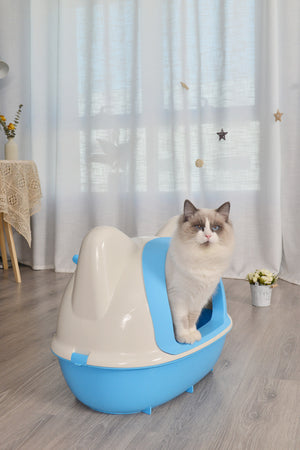 Large Hooded Cat Toilet Litter Box Tray House | With Scoop, Blue