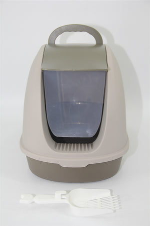 Portable Hooded Cat Toilet Litter Box Tray House | with Scoop and Grid Tray, Brown