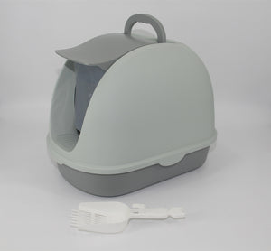 Portable Hooded Cat Toilet Litter Box Tray House | with Handle and Scoop, Grey