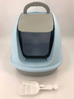 XL Portable Hooded Cat Toilet Litter Box Tray House | Blue | Charcoal Filter | Scoop