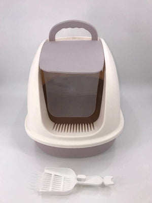 XL Portable Hooded Cat Litter Box Tray - Charcoal Filter and Scoop | House - White
