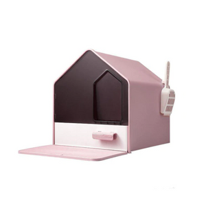 L Portable Hooded Cat Toilet Litter Box Tray House with Drawer and Scoop | Pink